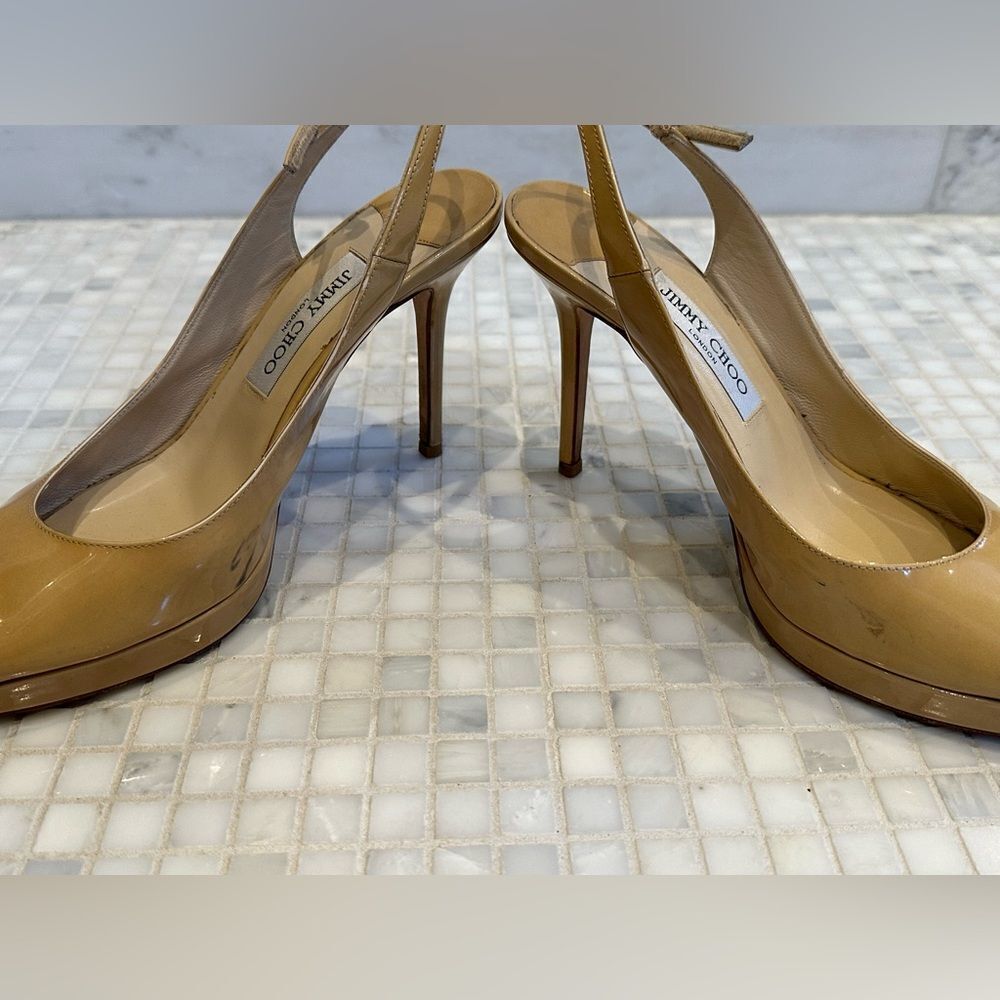 Jimmy Choo Women Peep Toe Nude Patent Leather Platform Slingback Heels - Picture 10 of 14